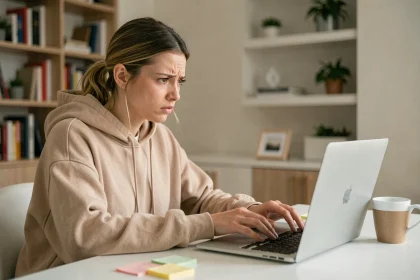 Jeune femme influenceuse face aux commentaires négatifs de ses abonnés sur son ordinateur portable