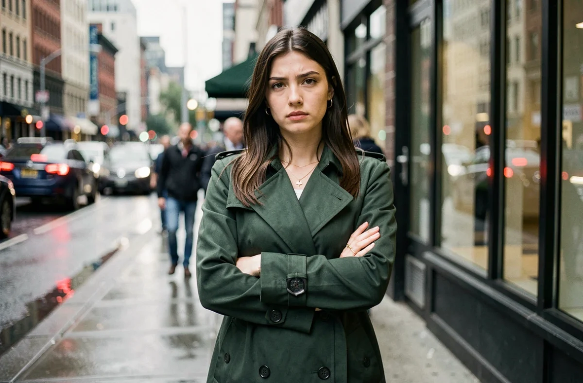Influenceuse dans la rue avec une expression complexe symbolisant la pression des réseaux sociaux et du regard public