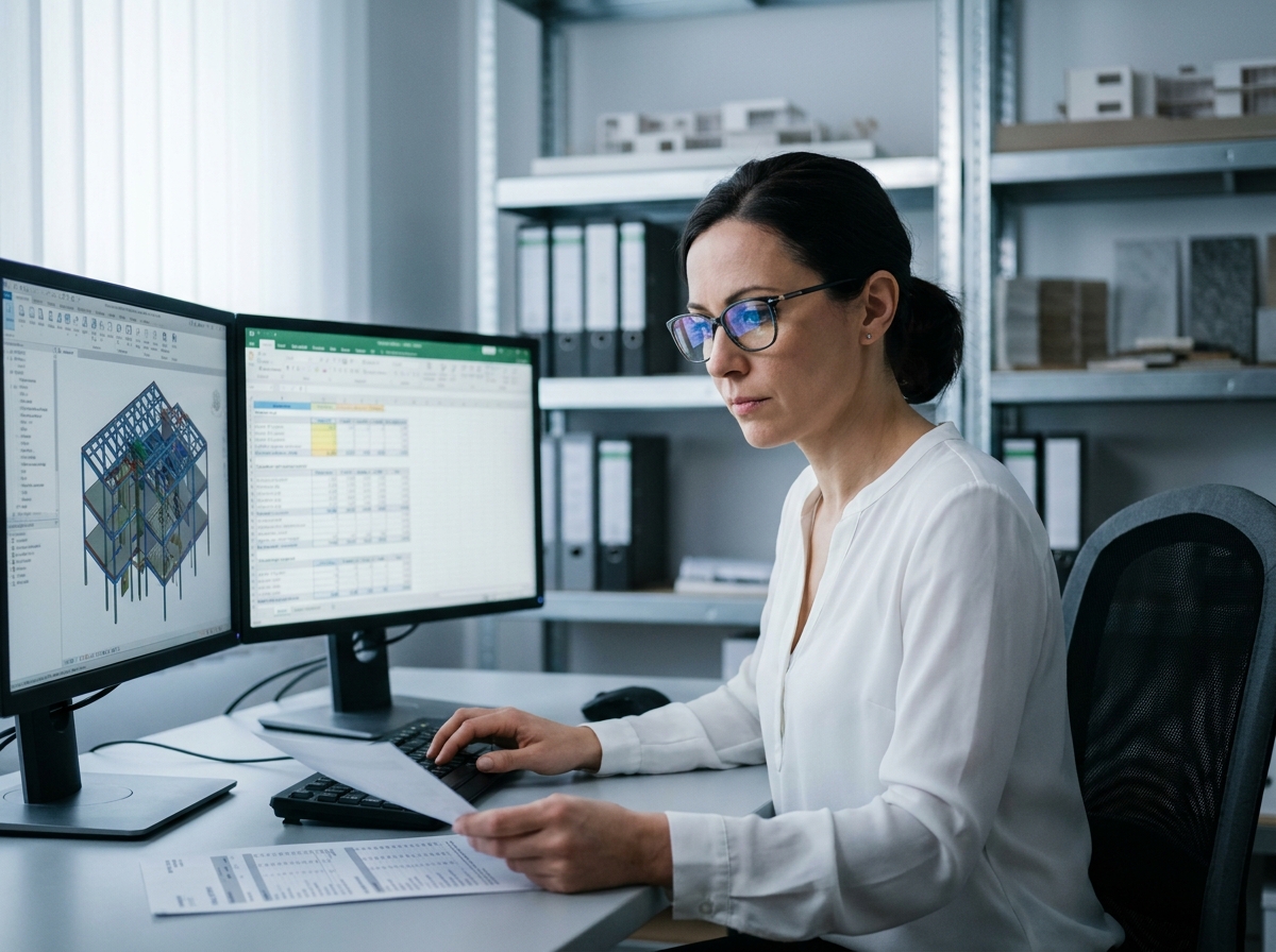 Ingénieure d'un bureau d'études travaillant sur un logiciel BIM devant deux écrans dans un bureau technique