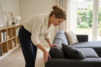 Femme inspectant attentivement la couture et la qualité du tissu d'un canapé gris anthracite dans un salon scandinave lumineux