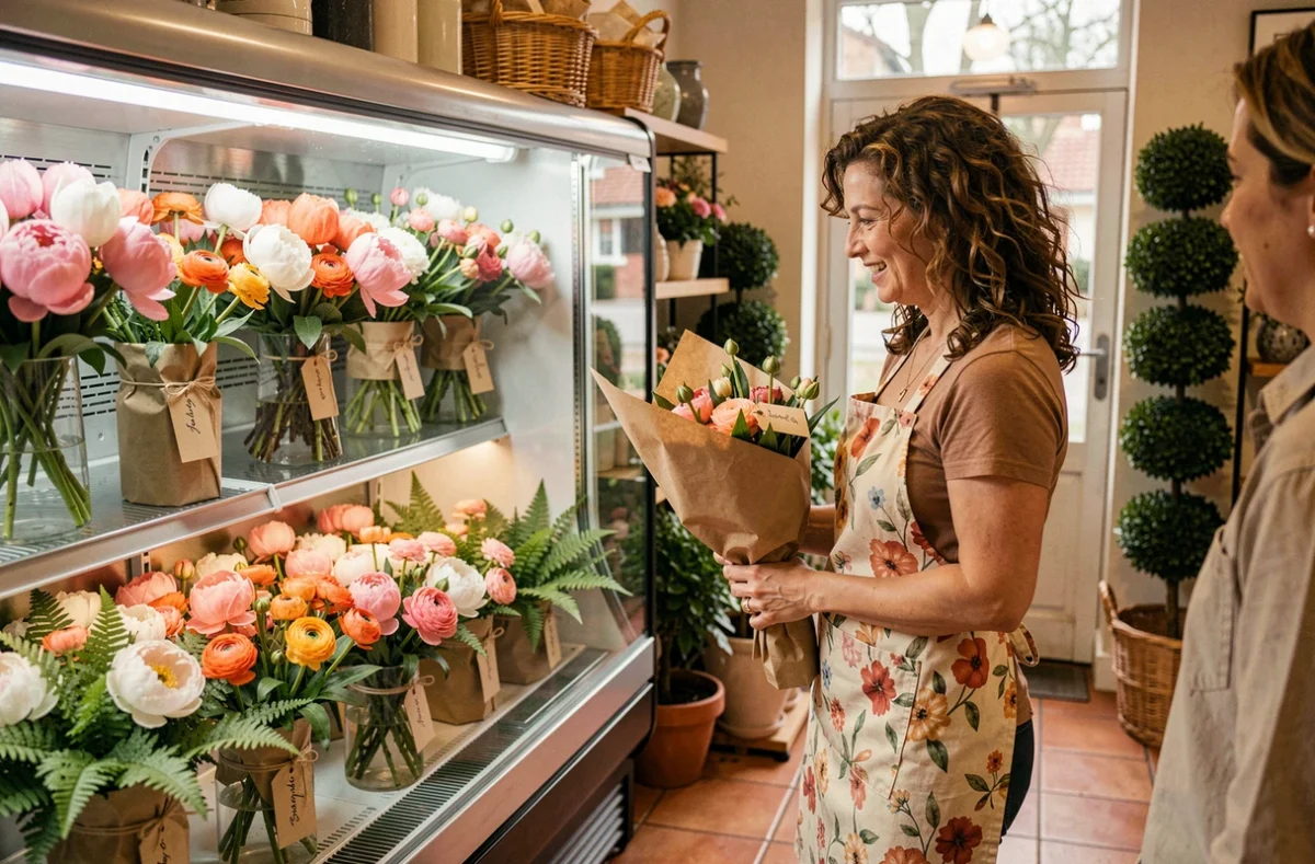 Fleuriste au Jardin de Sophie à Gouvieux emballant un bouquet de pivoines dans du papier kraft