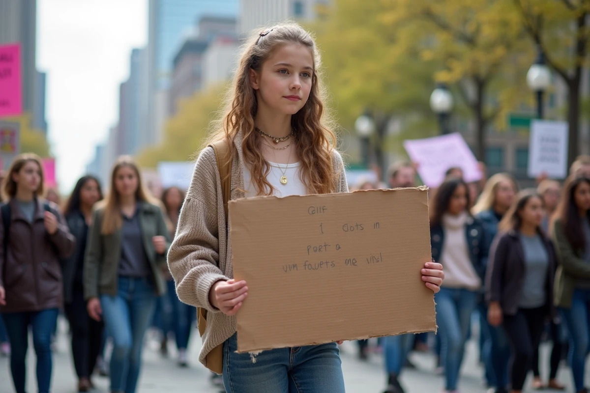 Jeune fille activiste avec panneau de protestation en ville
