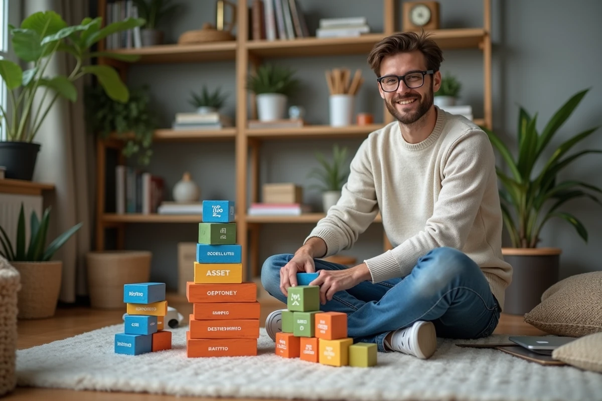 Jeune entrepreneur arrangeant des blocs colorés à la maison