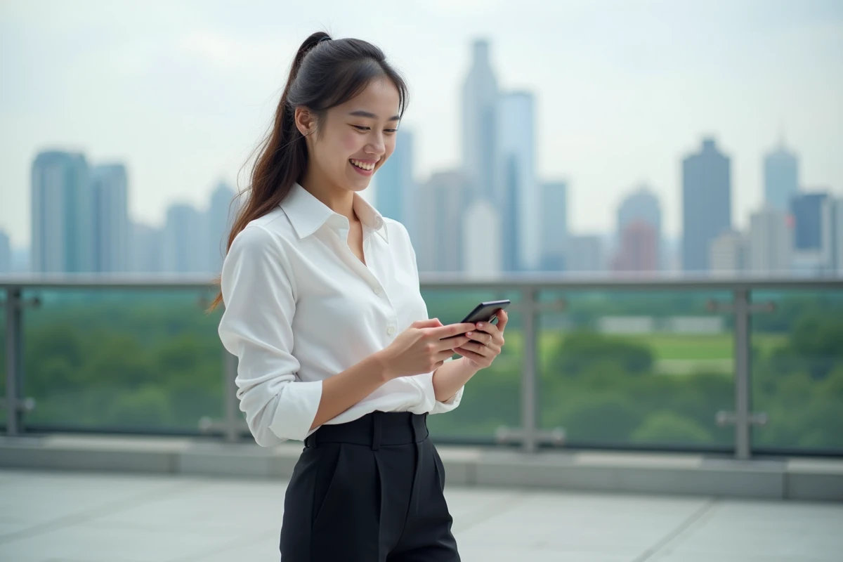 Jeune femme entrepreneure souriante sur un rooftop urbain
