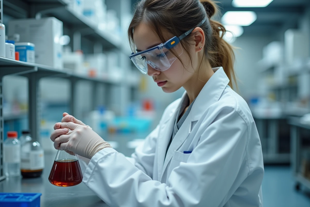 Jeune scientifique en blouse blanche inspecte un flacon dans un laboratoire moderne