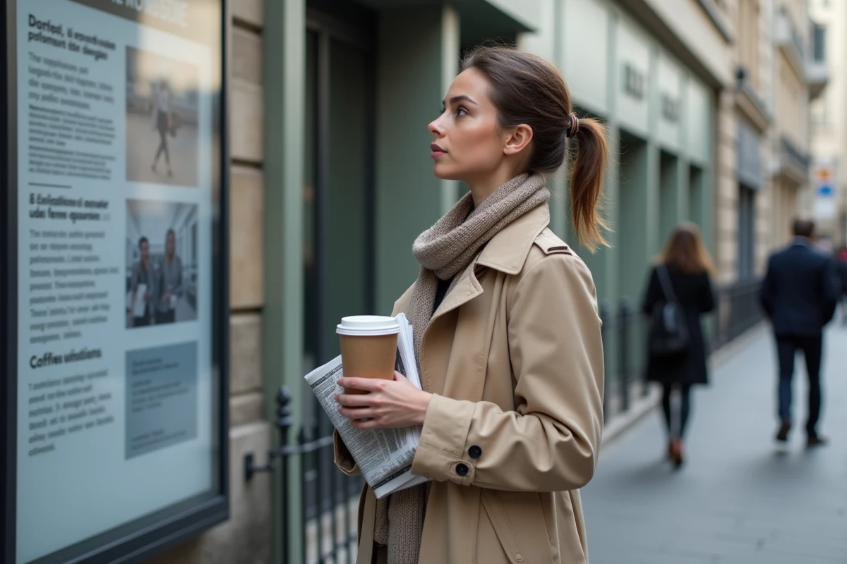 Jeune femme regardant une affiche économique devant le ministère
