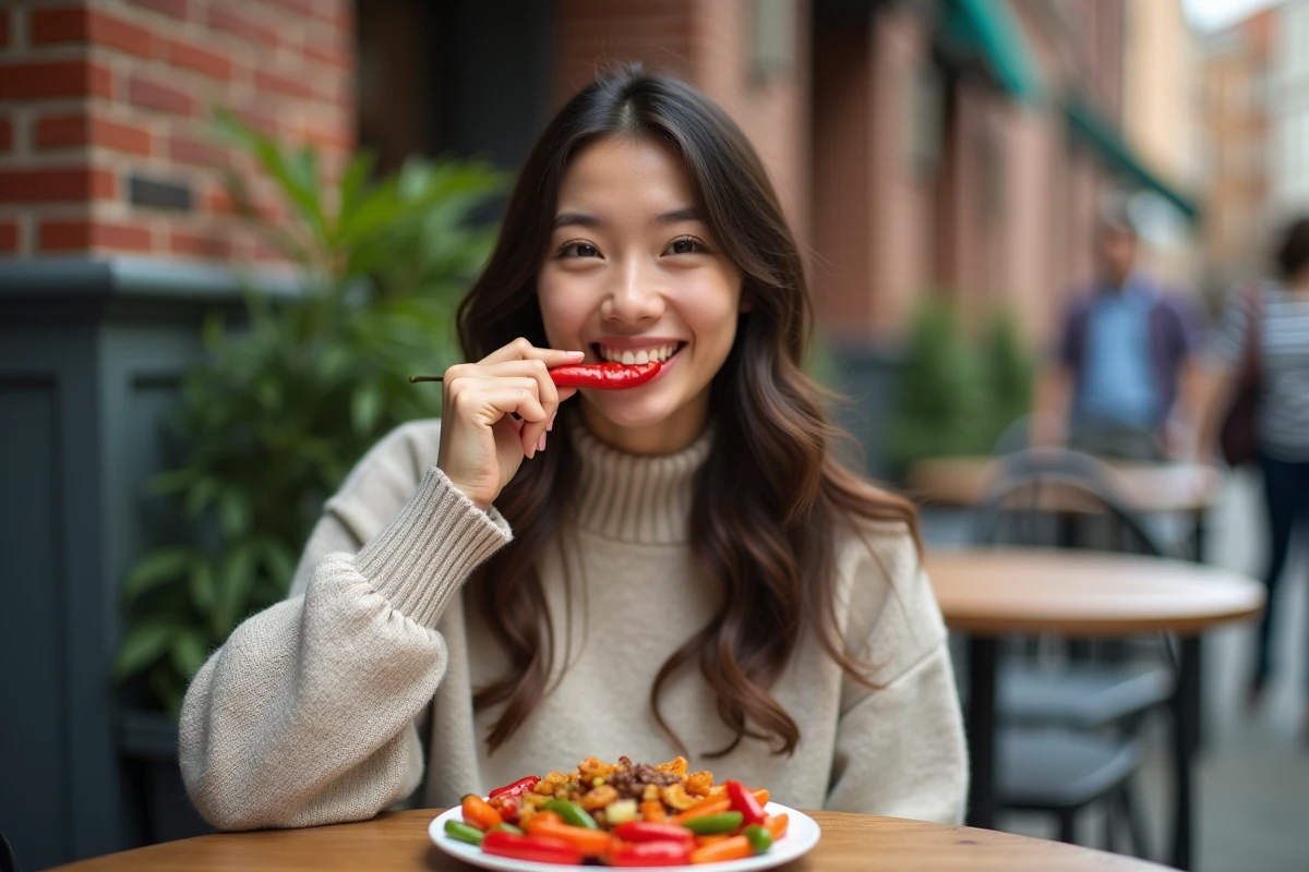 Jeune femme souriante mord un piment dans un café en plein air
