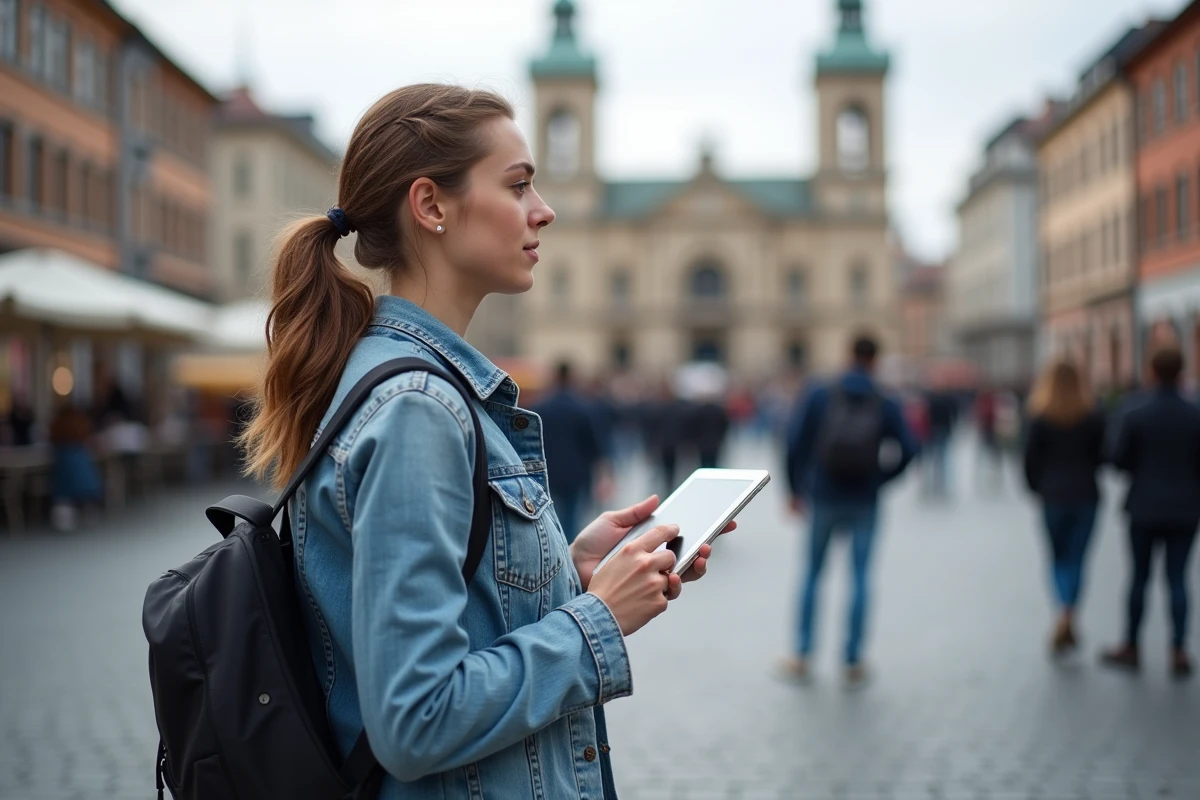 Jeune femme interviewant dans une place publique urbaine