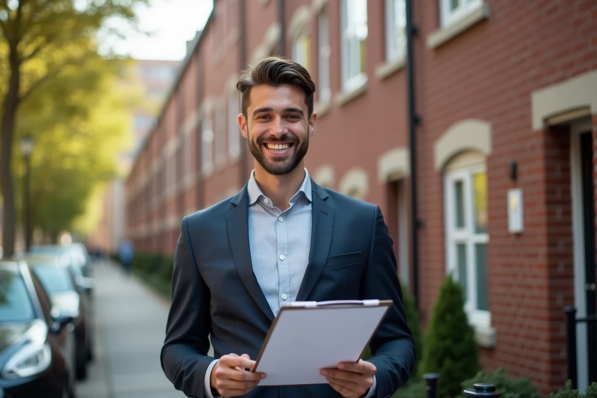 Jeune professionnel vérifiant un contrat de prêt devant une maison