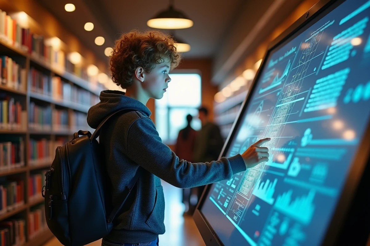 Jeune garçon utilisant un kiosque interactif en bibliothèque