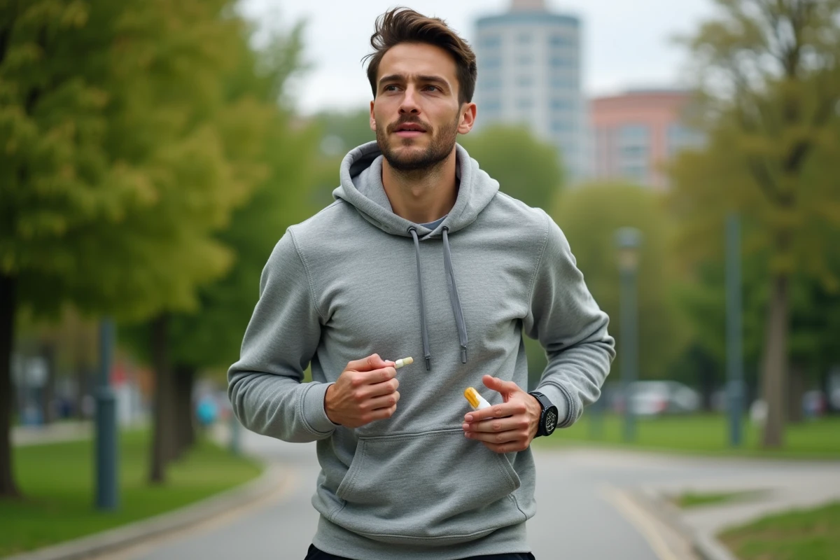 Jeune homme prenant vitamine dans un parc urbain