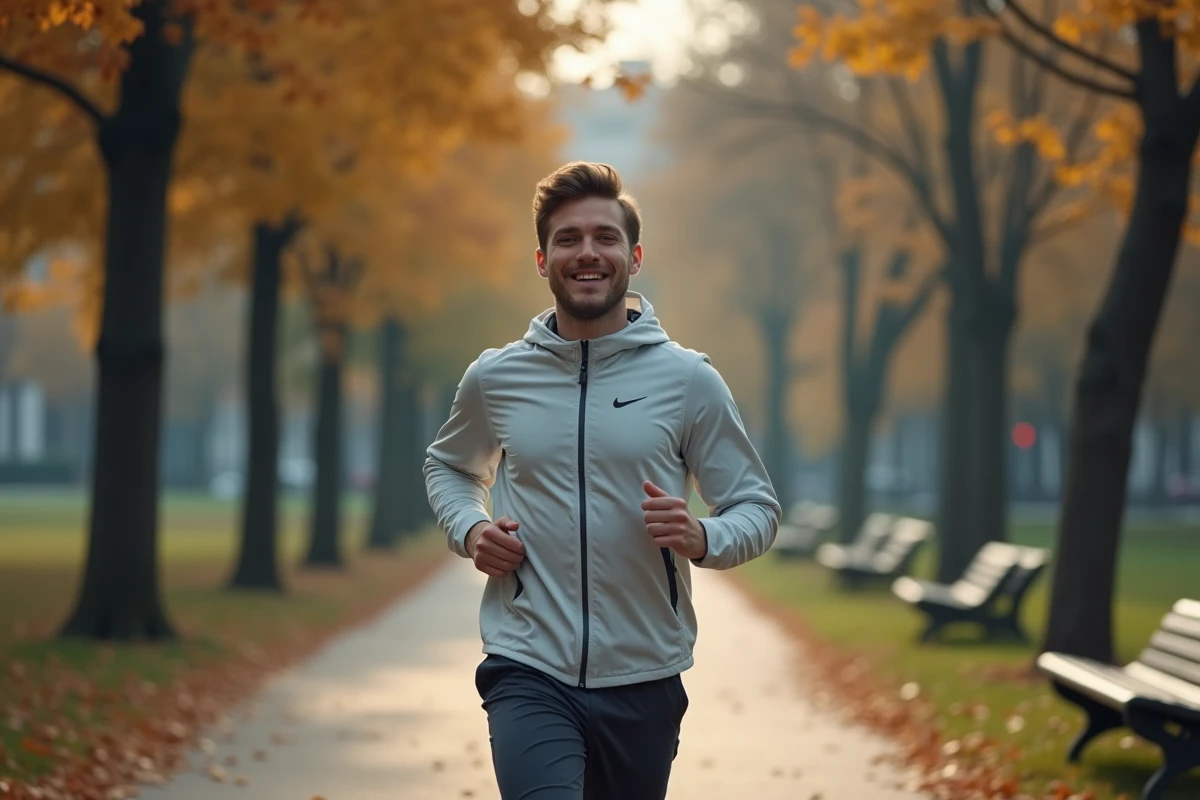 Jeune homme courant dans un parc urbain calme