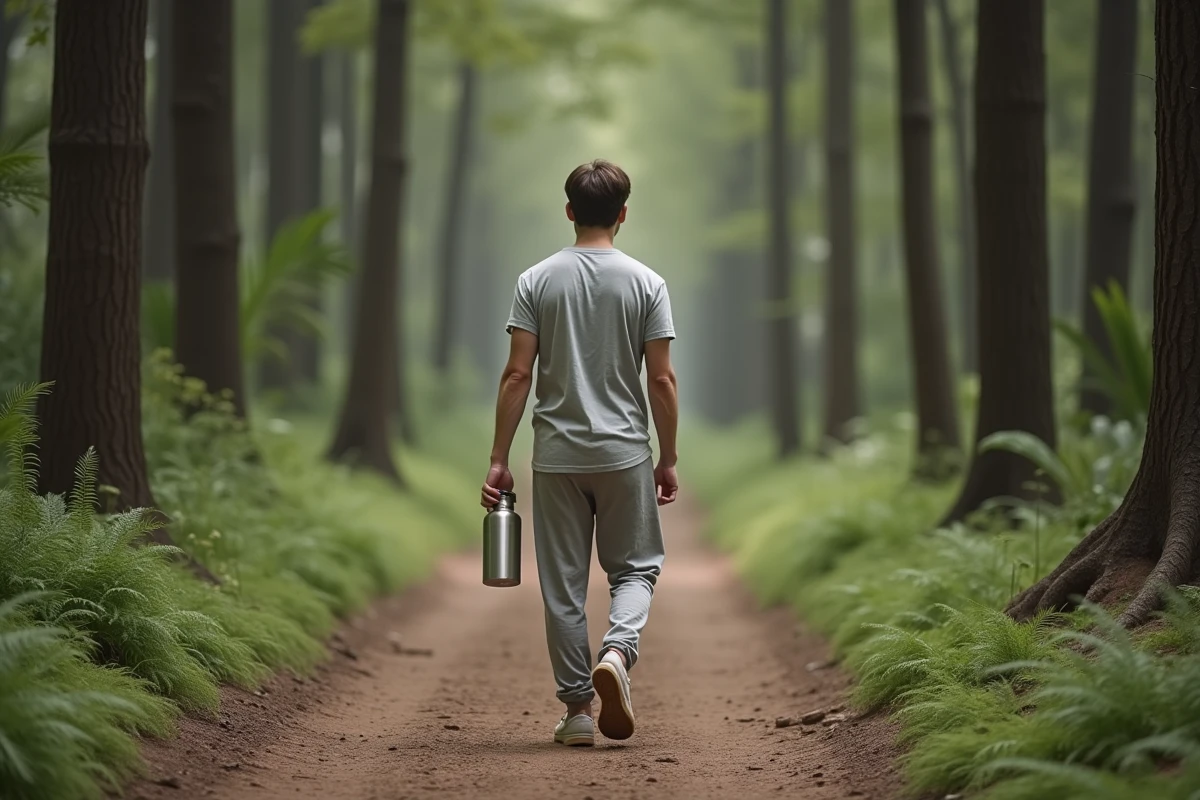 Jeune homme marchant en forêt avec bouteille d