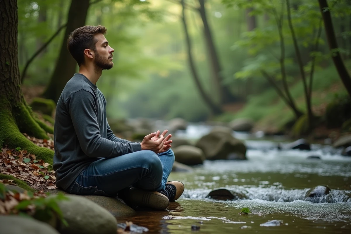 Jeune homme assis au bord d’un ruisseau en forêt