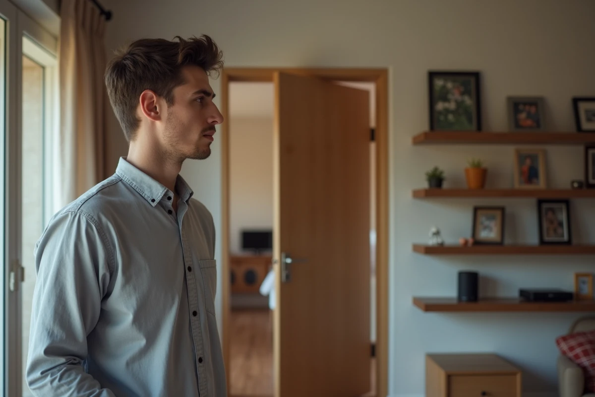 Jeune homme perplexe près d’un haut-parleur intelligent