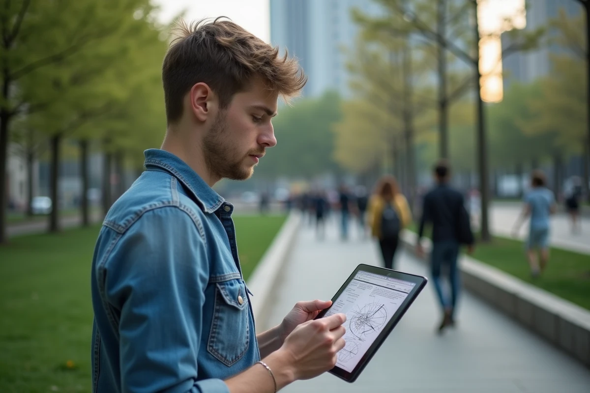 Jeune homme regardant un diagramme sur tablette en ville