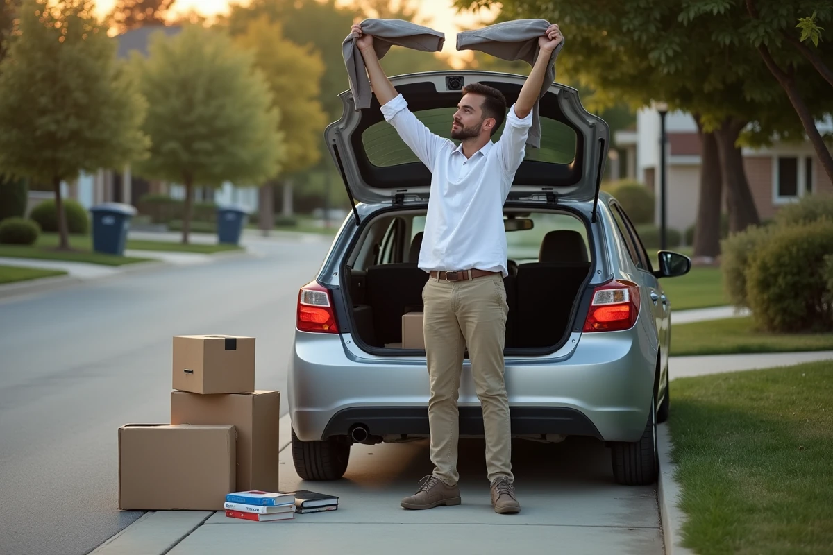 Jeune homme réfléchissant à ses affaires près de sa voiture
