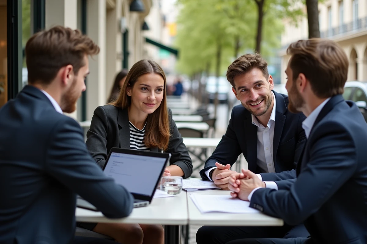 Groupe de jeunes professionnels discutant au café parisien