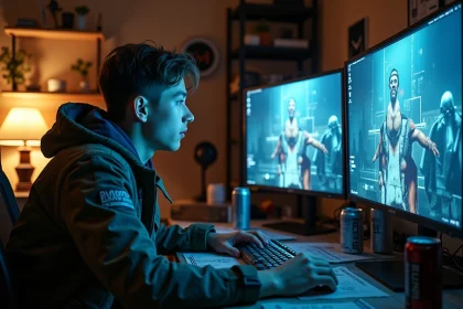 Joueur concentré élaborant une stratégie pour terminer ARC Raiders en une session sur son bureau de gaming