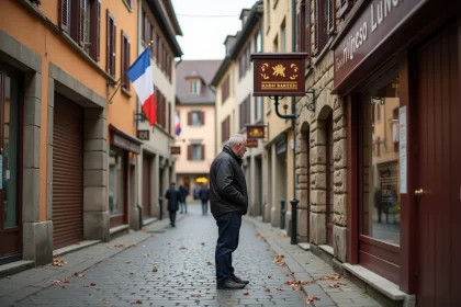 Rue pavée d'une ville mosellane fermée pour jour férié local, homme lisant une affiche sur une boulangerie close avec drapeaux français et alsacien-lorrain
