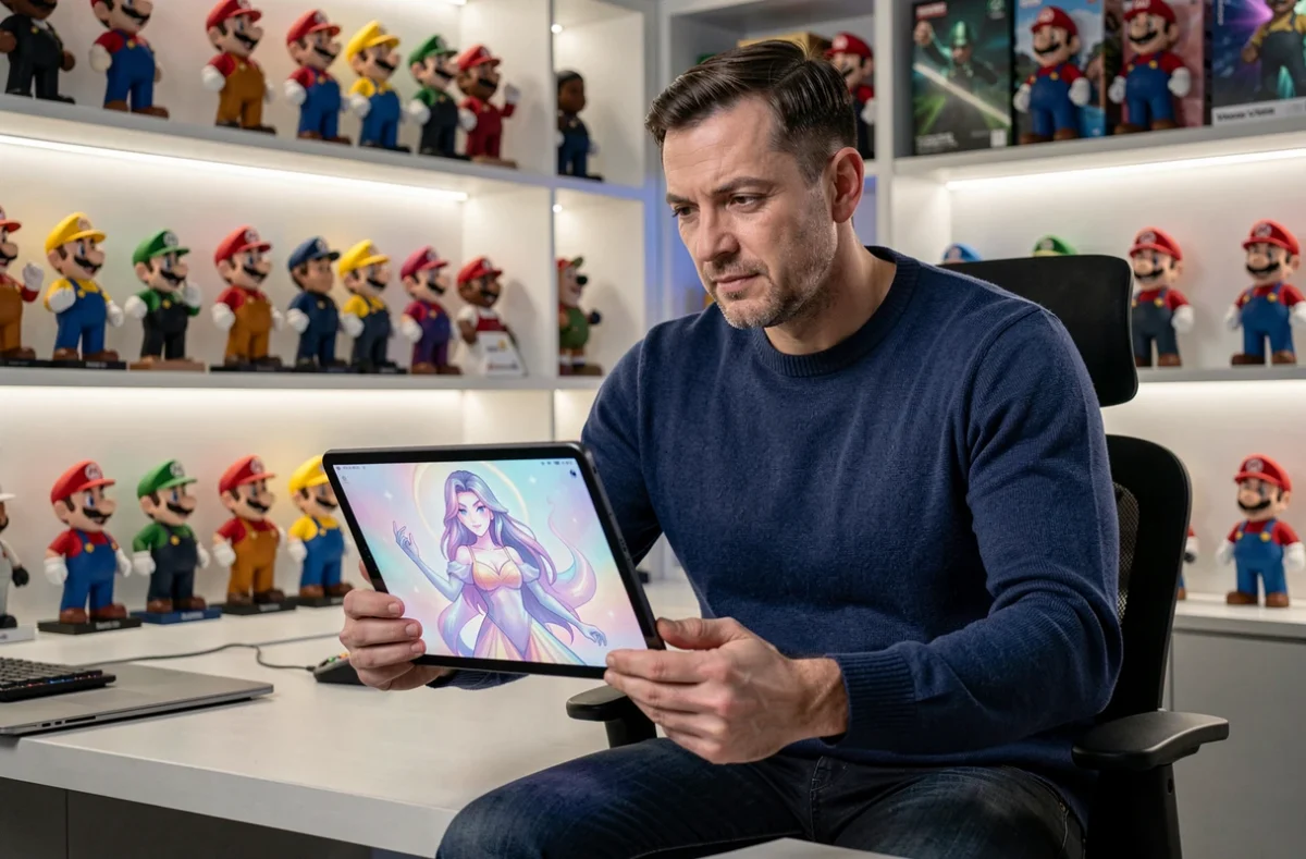 Journaliste de jeux vidéo analysant le personnage Harmonie sur tablette dans une salle de gaming entourée de figurines Mario