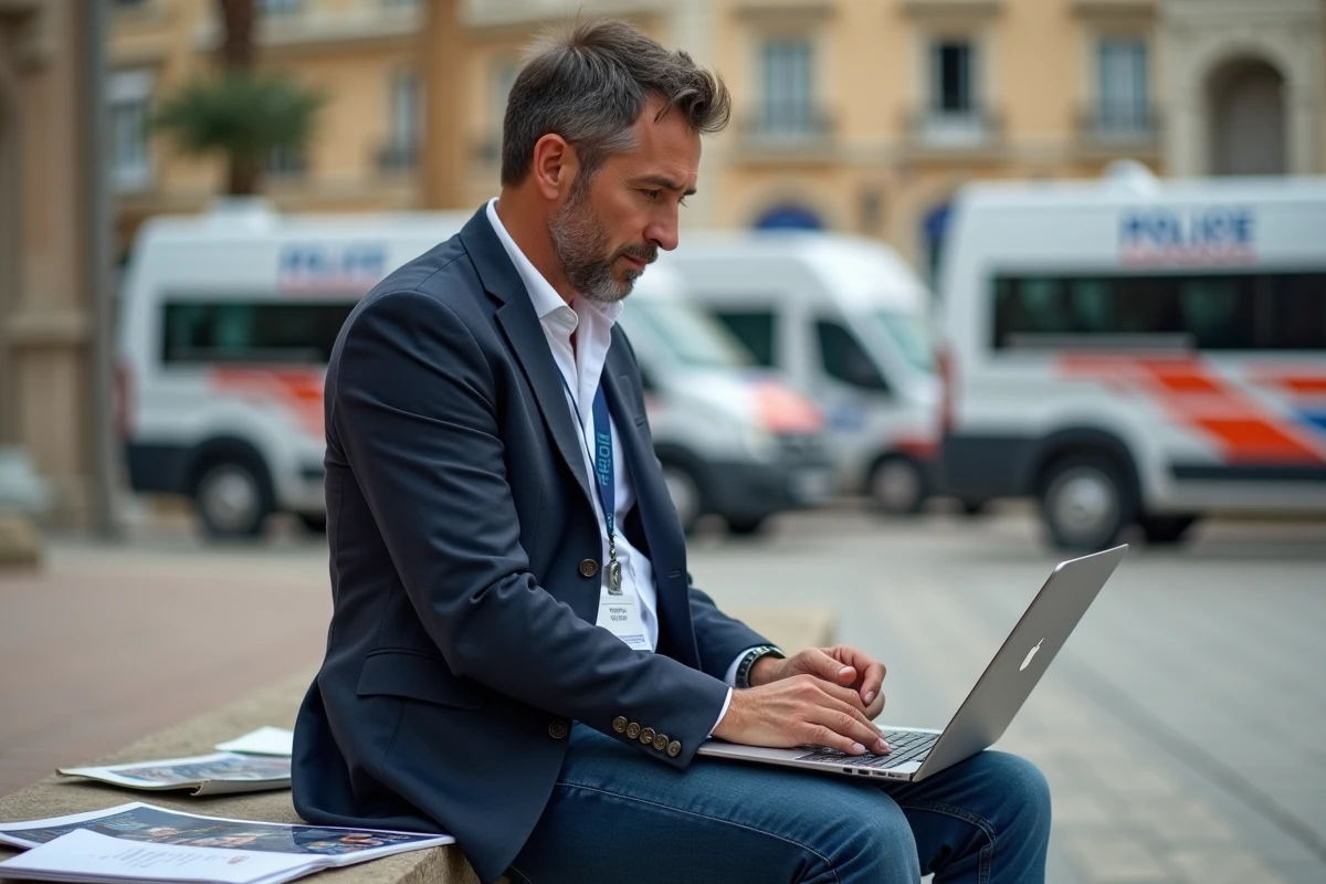 Journaliste en train de couvrir en direct l'alerte à la bombe de Cannes, assis dehors avec son ordinateur portable et son badge de presse