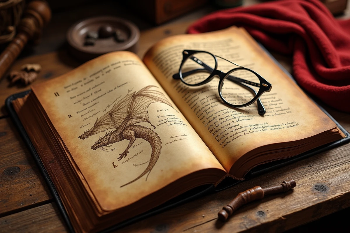 Livre ancien ouvert avec illustration de dragon en encre sépia, lunettes rondes et fragment de baguette magique sur une table en bois