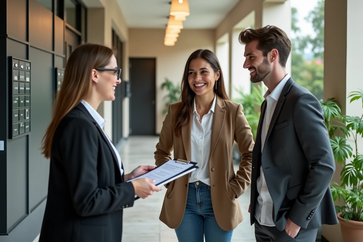 Femme propriétaire remettant un contrat à deux locataires dans l