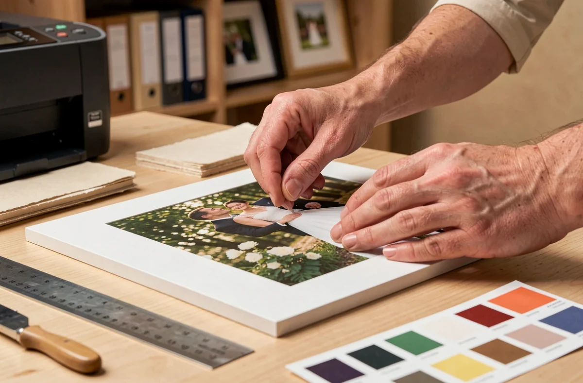 Gros plan sur des mains de photographe alignant un tirage photo de mariage imprimé sur papier beaux-arts avec une imprimante professionnelle visible en arrière-plan
