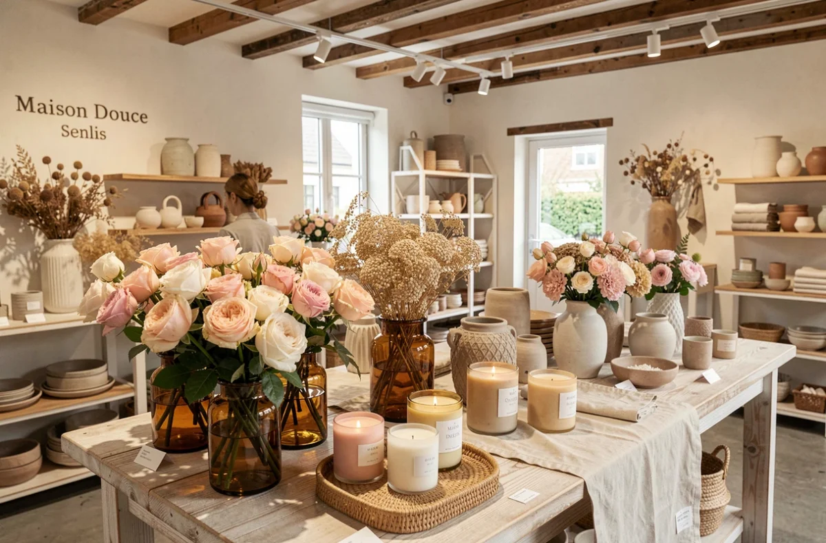 Vitrine de Maison Douce à Senlis mêlant fleurs fraîches et objets de décoration artisanaux sur une surface en chêne