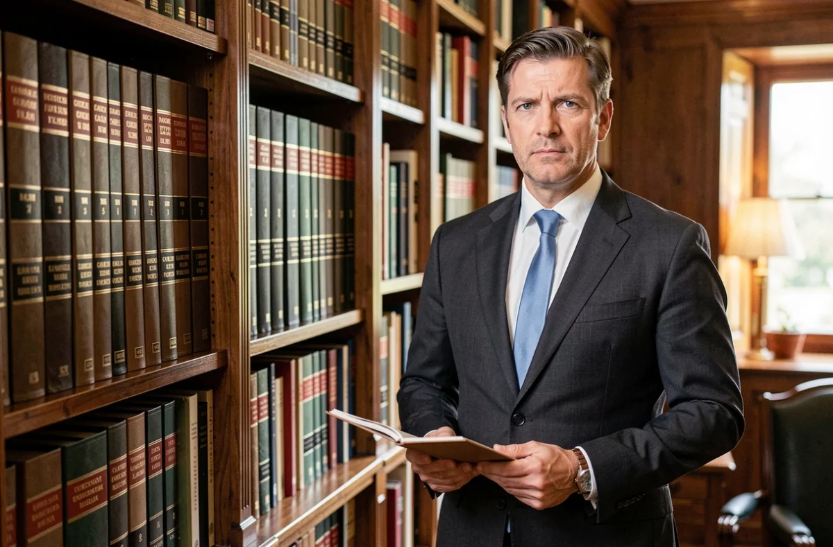 Avocat masculin en costume sombre debout devant une bibliothèque juridique dans son cabinet à La Roche-sur-Yon