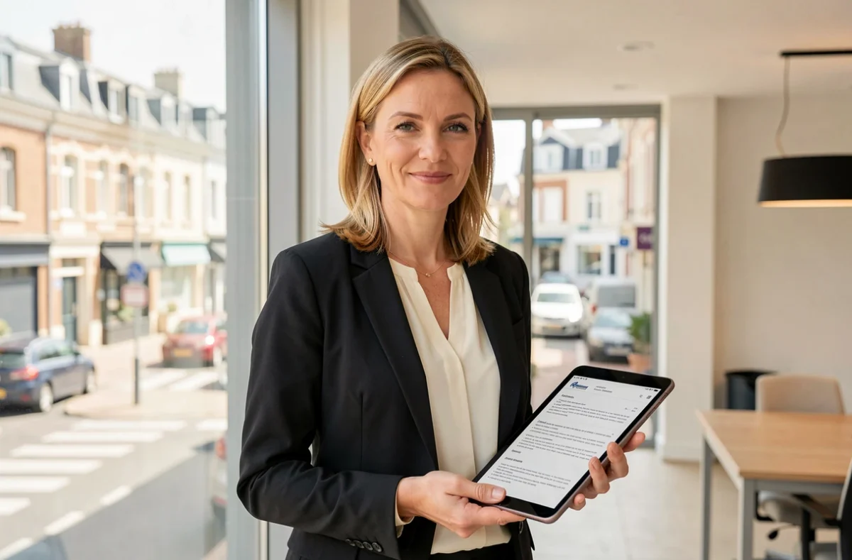 Avocate en veste noire tenant une tablette avec des dossiers juridiques dans un bureau moderne à La Roche-sur-Yon