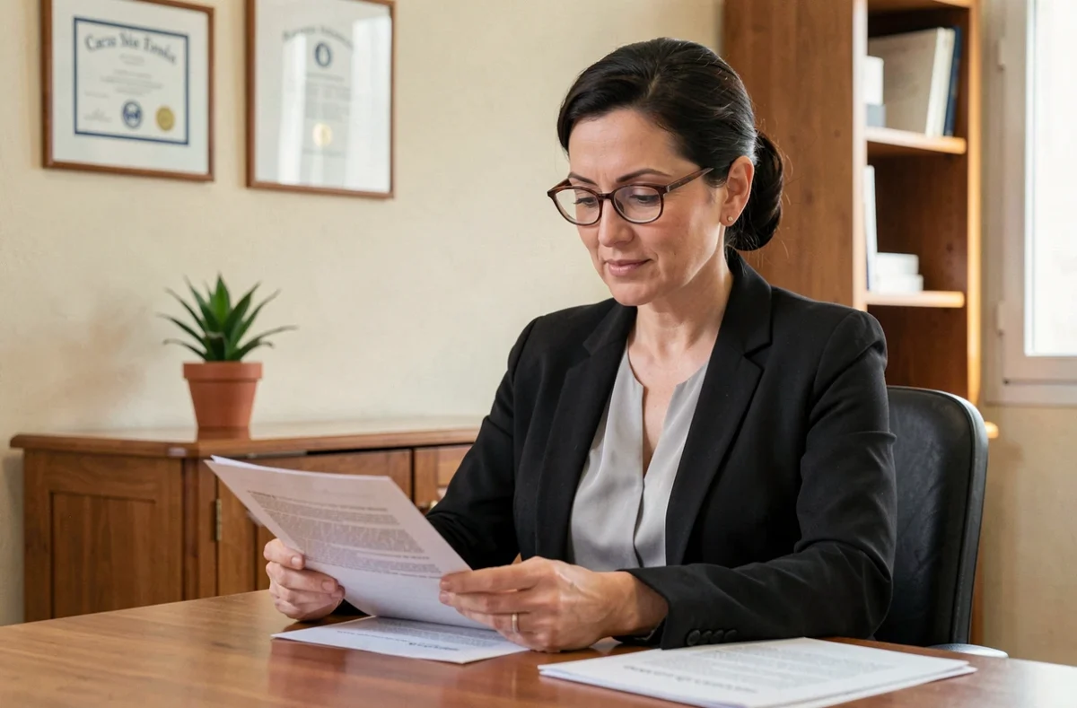 Avocate spécialisée en droit de la famille assise à son bureau consultant des documents à Carcassonne