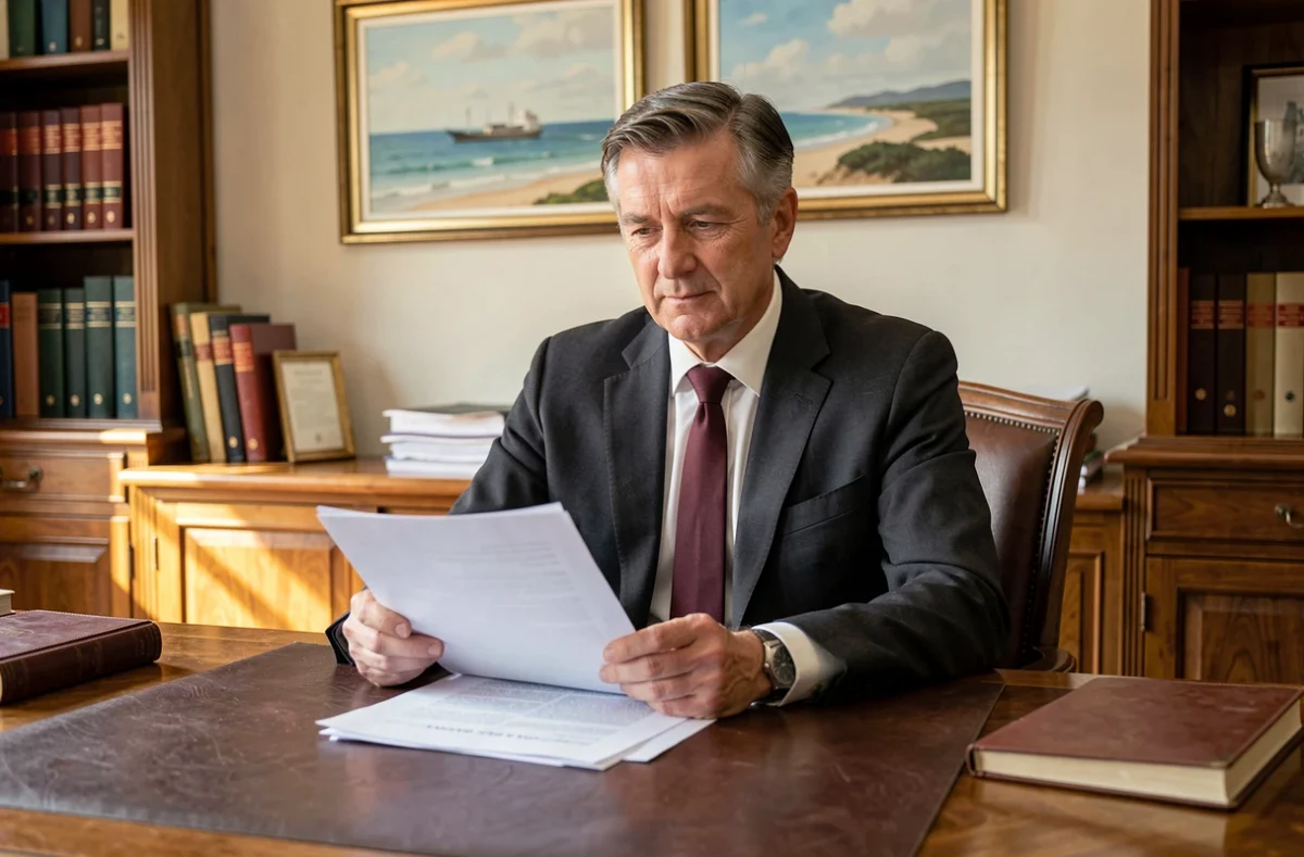 Avocat senior en costume classique révisant des documents juridiques dans son bureau traditionnel aux Sables-d'Olonne