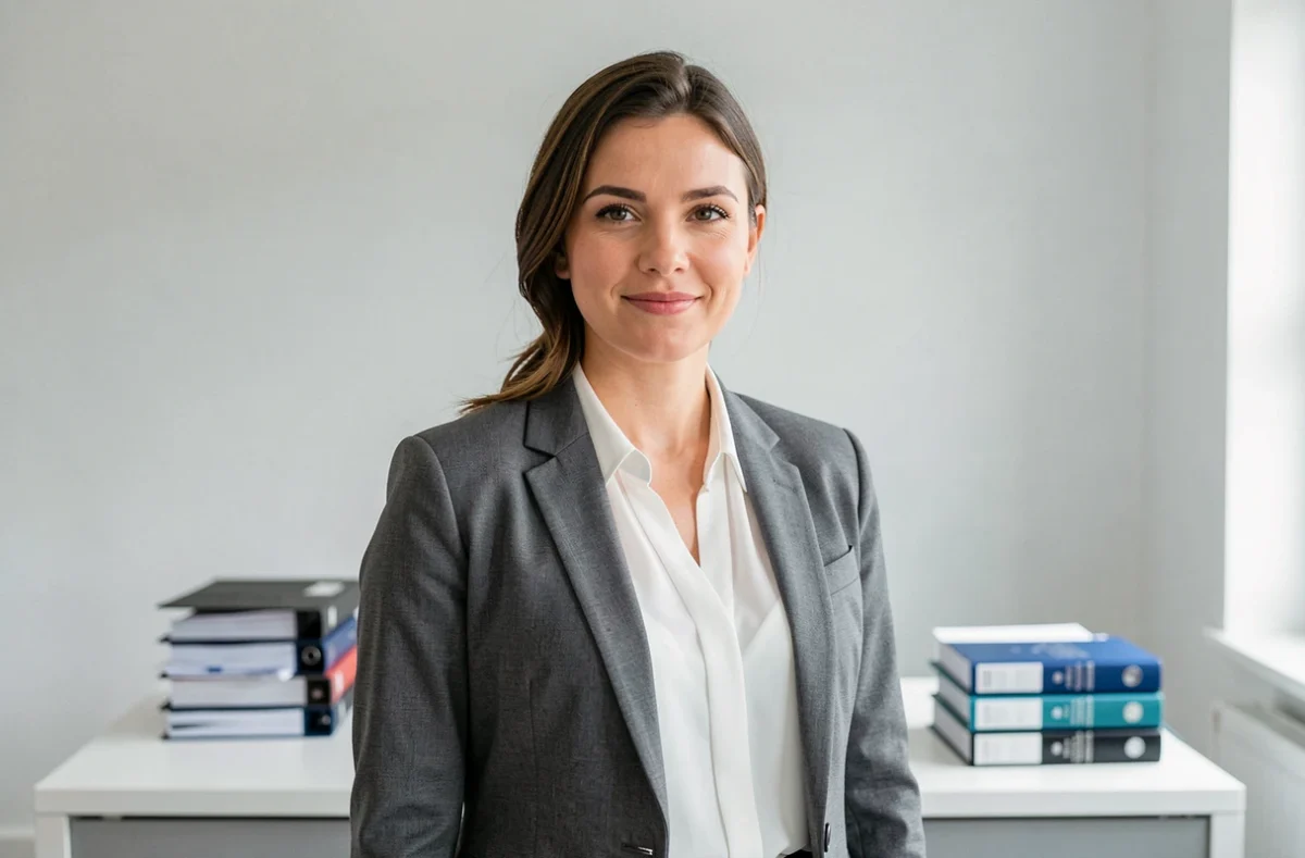 Jeune avocate en veste grise avec une expression déterminée dans un bureau minimaliste à La Roche-sur-Yon