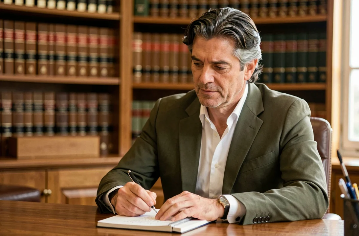 Avocat en veste olive assis et prenant des notes dans son cabinet à Narbonne