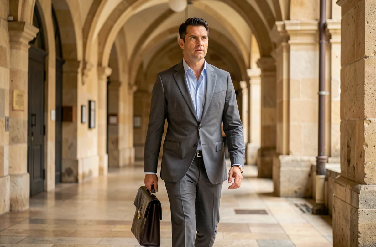 Avocat masculin en costume gris marchant dans le couloir du palais de justice de Narbonne avec une mallette