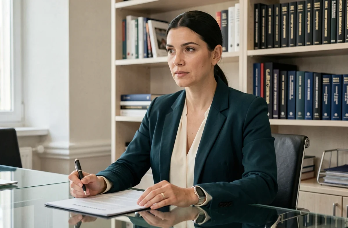 Avocate spécialisée en droit bancaire et divorce assise à un bureau moderne dans son cabinet à Carcassonne