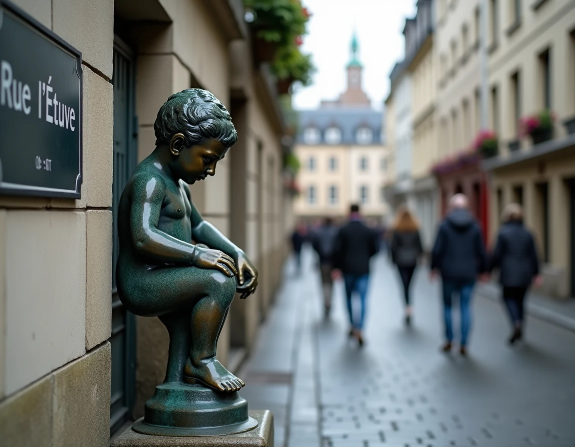 Manneken Pis en contre-plongée avec le panneau rue de l'Étuve visible et les façades bruxelloises