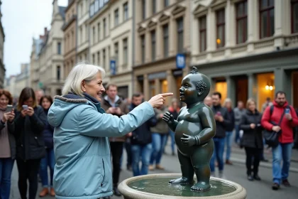 Touriste pointant le Manneken Pis à l'angle de la rue de l'Étuve à Bruxelles entouré de visiteurs