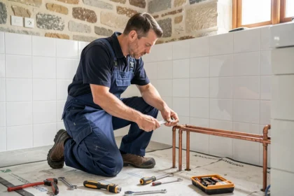Plombier professionnel en train d'installer une tuyauterie dans une maison bretonne, illustrant les meilleurs plombiers d'Ille-et-Vilaine