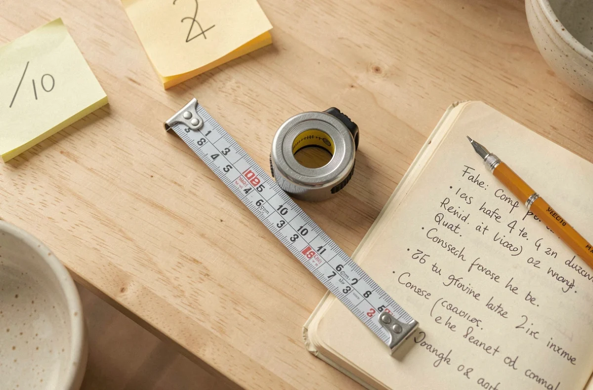 Mètre ruban affichant pieds et centimètres posé sur une table avec des notes de conversion manuscrites
