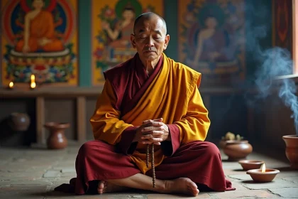 Moine bouddhiste tibétain en prière récitant Om Mani Padme Hum dans un monastère de montagne