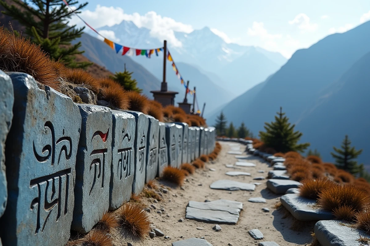 Mur mani en pierre gravé du mantra Om Mani Padme Hum dans la vallée himalayenne