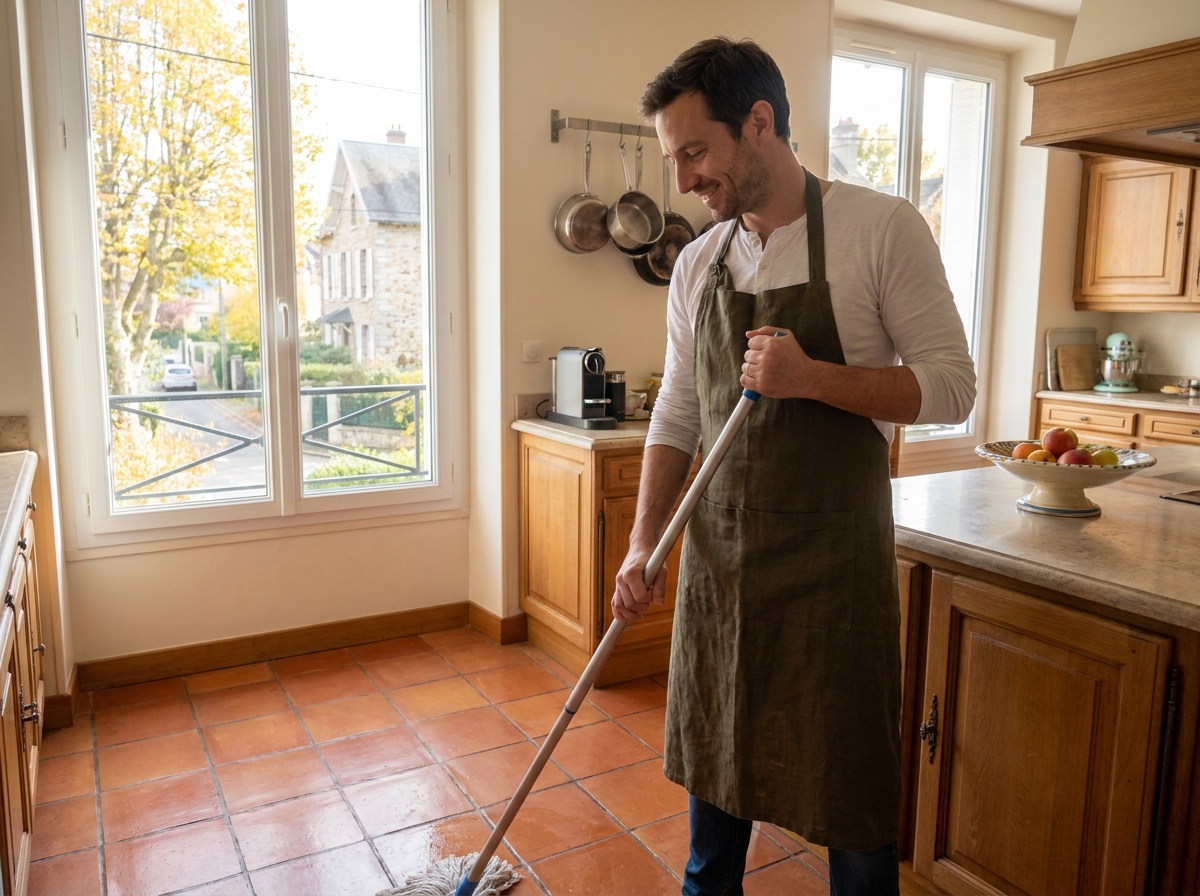 Un homme en tablier effectue l'entretien du sol dans une cuisine familiale propre, représentant les prestations ménagères à domicile de Centre Services à Puteaux