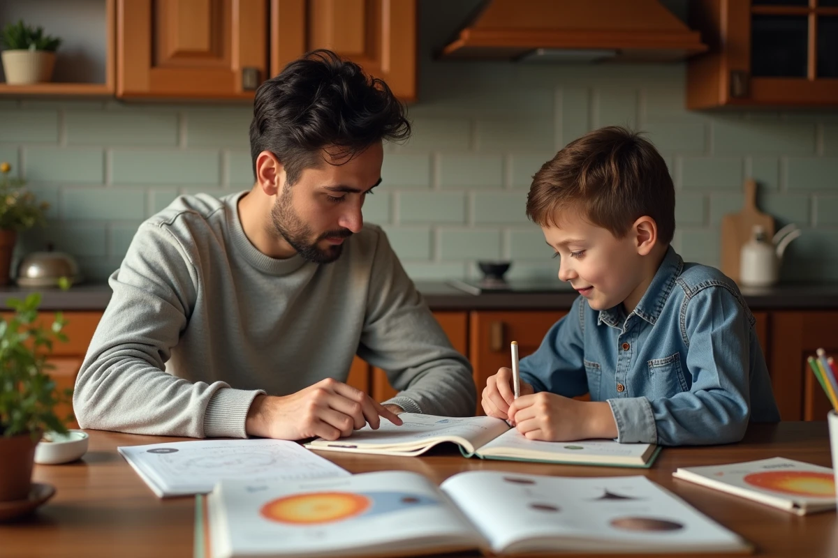Père et fils étudiant l