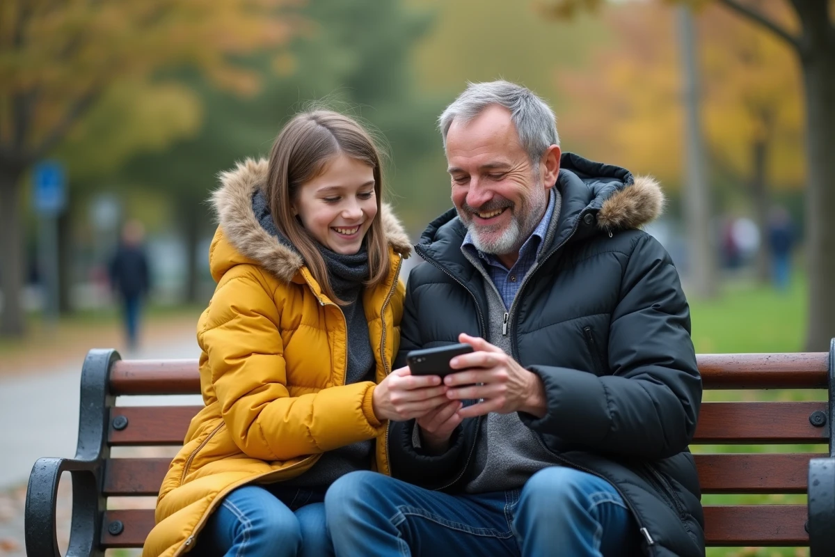 Père et fille souriants regardant un produit en plein air