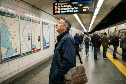 Passager consultant le plan des lignes de métro dans une station de Marseille