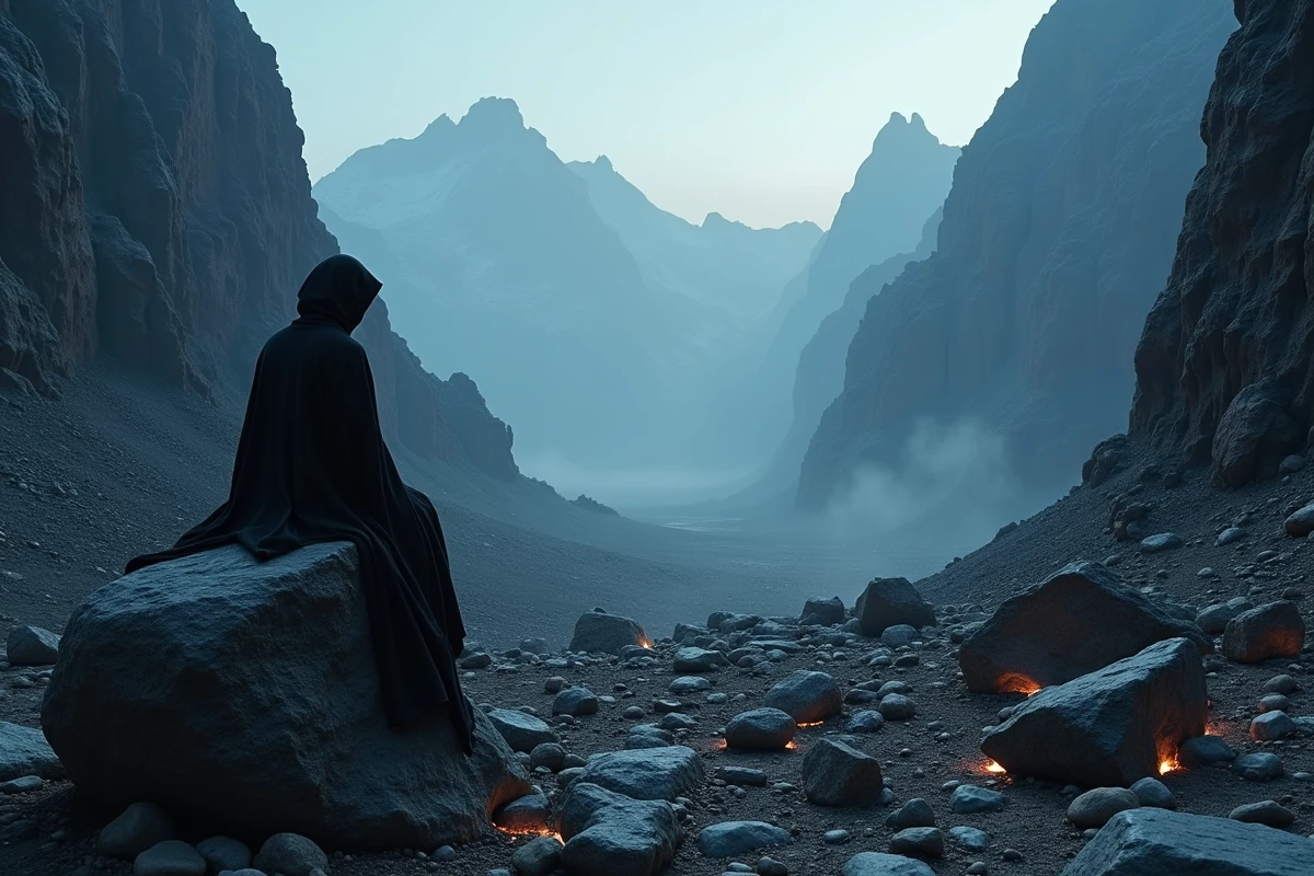 Paysage rocheux et désolé de montagne avec des traces de brûlures après le passage d'un dragon dans l'univers d'Harry Potter