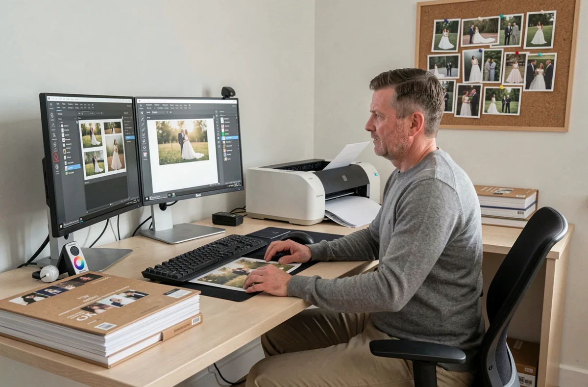 Photographe de mariage masculin travaillant sur un ordinateur à côté d'une imprimante photo professionnelle grand format dans un studio à domicile